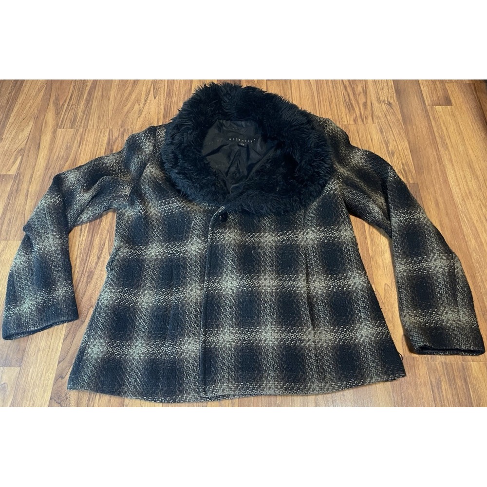 Attention Plaid Faux Fur Collar Jacket Women XL Brown Black Wool Blend Tweed